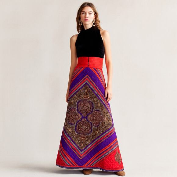 Vintage Dresses & Skirts - 60s Velvet Bodice Quilted Skirt Maxi Dress Boho Paisley Vintage Gown